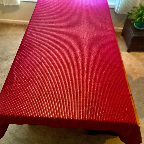 Christmas Tablecloth Red w/ Red Gold Green Metallic Stripes. Long - Picture 1 of 7